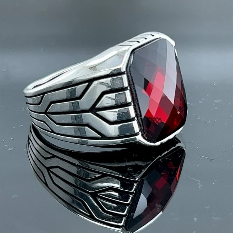 Men Ruby Red Stone Ring 925 Sterling Silver Ottoman Handmade Gift For Him