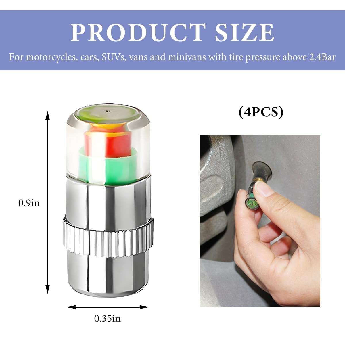 MUQIDA 4 PCS Tire Pressure Monitor Valve Stem Caps, 2.4Bar 36 4PCS, Silver