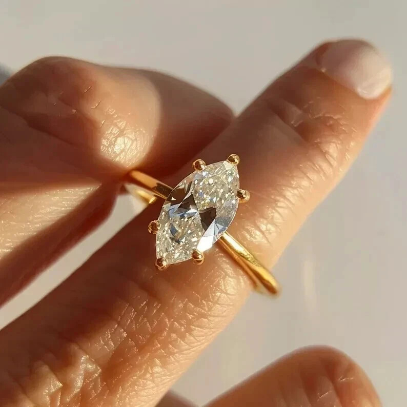 White Moissanite 3.10 Ct Marquise Cut Prong Engagement Ring 14K Yellow Gold FN