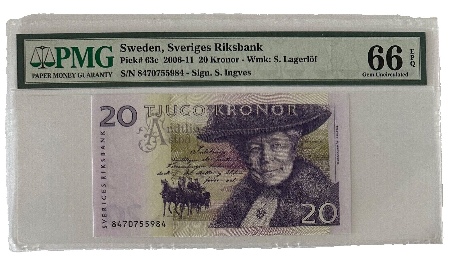 SWEDEN - 20 KRONOR - PICK # 63c - 2011  PMG GEM UNC 66 EPQ - SELMA LAGERLOF