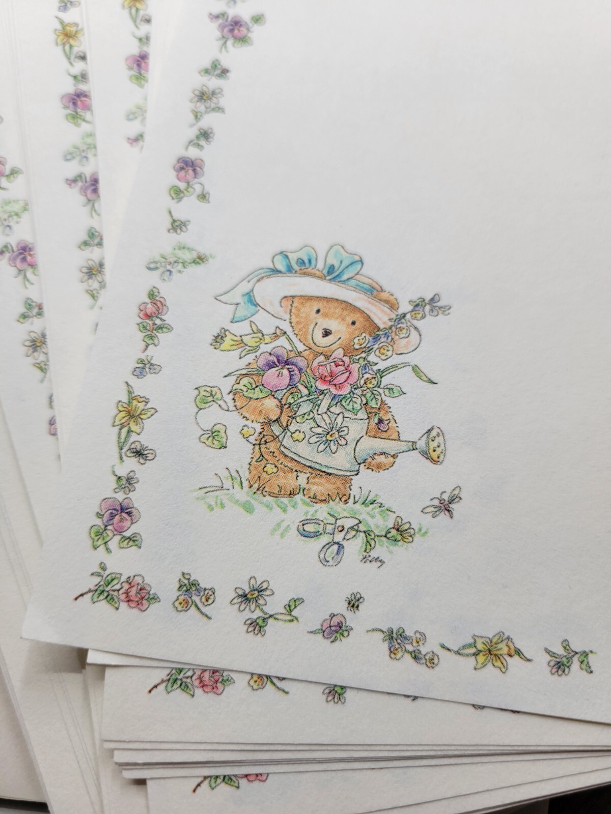 Hallmark Stationery Bear Watering Flowers box of 73 sheets 31 envelopes vintage