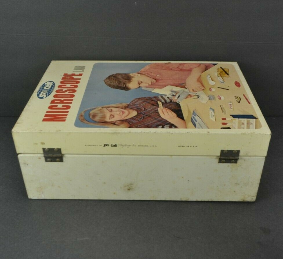 Vintage 1960s Skilcraft Microscope Lab Set Prop Metal Case PARTIAL Accessories