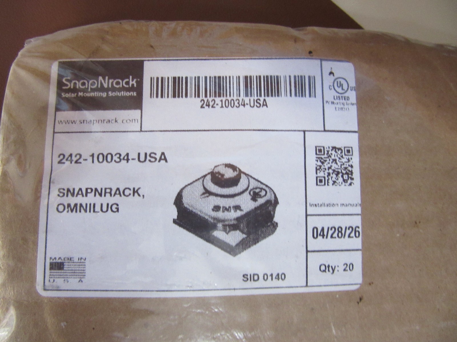 242-10034 Omnilug Ground Lug & MLPE Snapnrack Solar Panel Qty 20 Pcs.