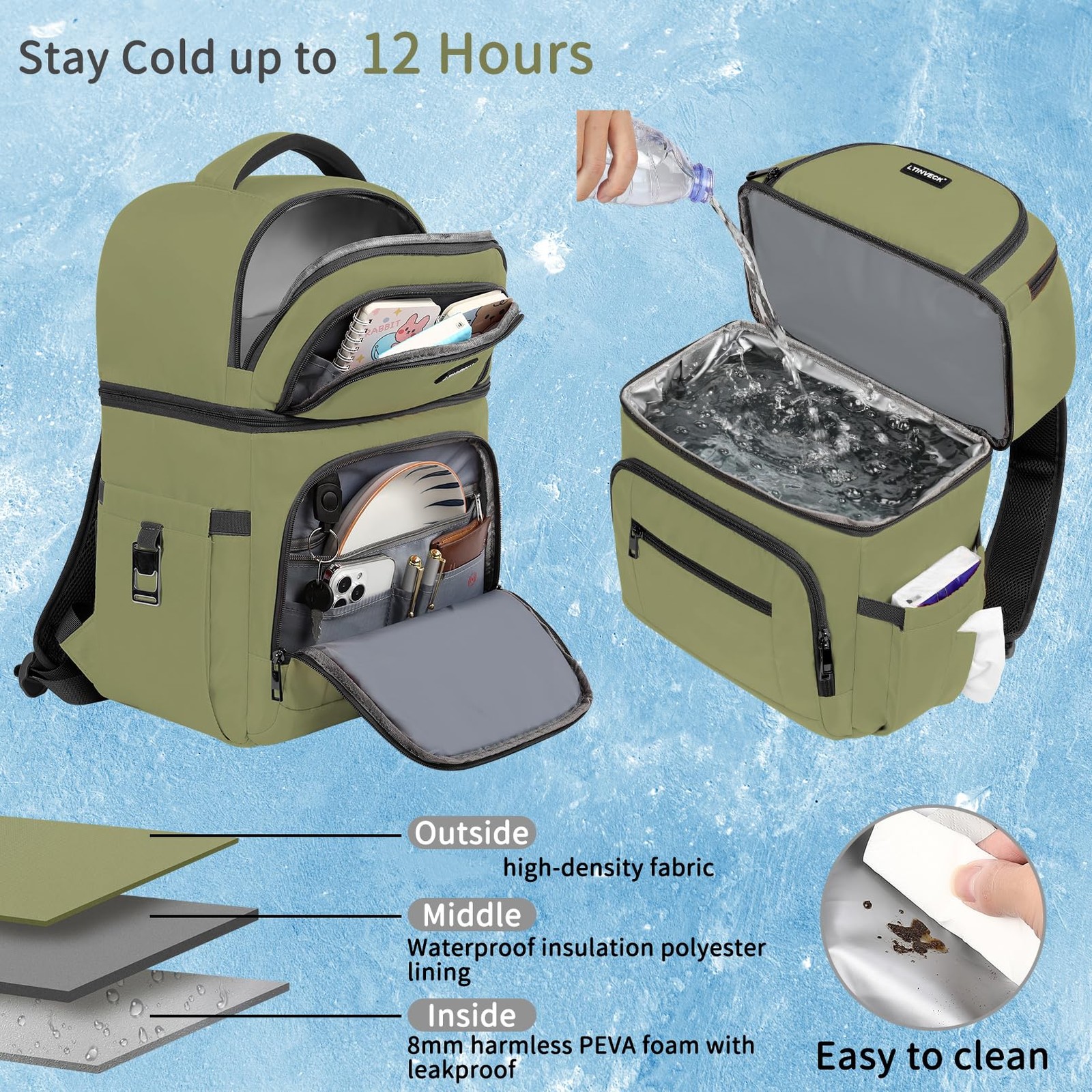 Cooler Backpack,Insulated Backpack Leakproof Medium-Large, Green