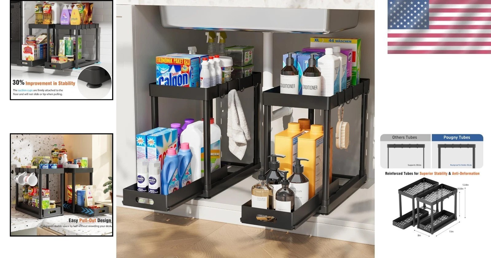 2-Pc Pull-Out Under Sink Organizers for Effortless Kitchen & Bathroom Storage