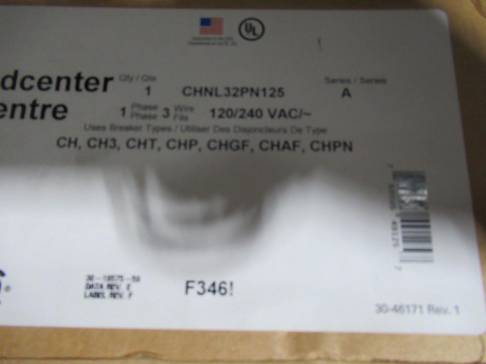 Eaton CHNL32PN125 Loadcenter 125A MLO 120/240V 1PH3W 32/64 CKT CU -E3356-NEW-B
