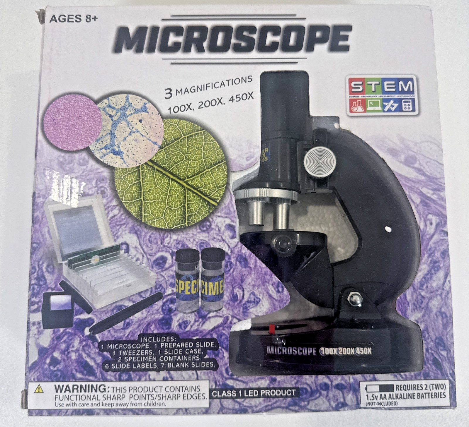 STEM Educational Microscope Kit 100X 200X 450X Tested Complete w Slides Battery