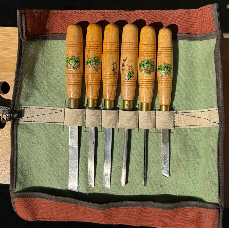 6 Vintage Henry Taylor England Wood Carving Tools Set 1,4,5,8,11,12 w/bag