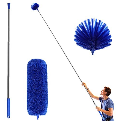 Cobweb Duster with Extension Pole, Washable Cleaning Duster Kit with 2 Blue
