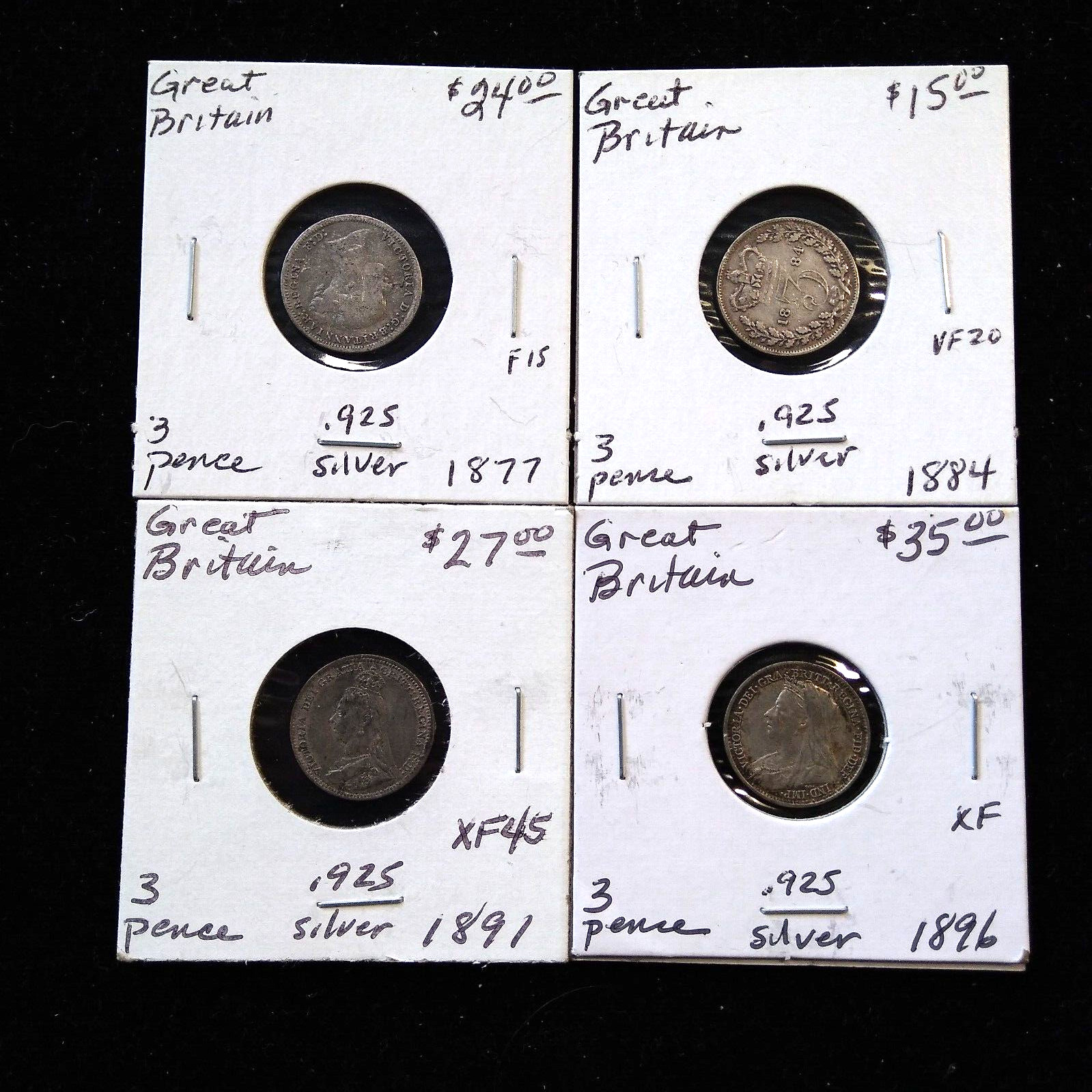 Lot of 4 Great Britain 3 Pence Silver Coins (1877-1896)