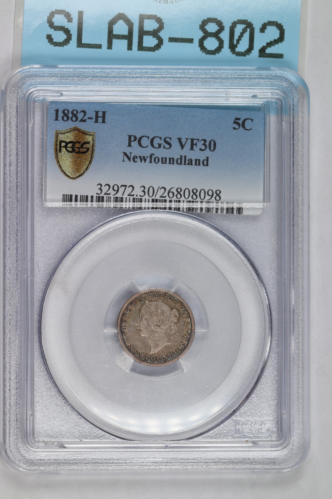 1882-H 5C NEWFOUNDLAND FIVE 5 CENT SILVER VICTORIA HEAD PCGS VF30 SLAB-802