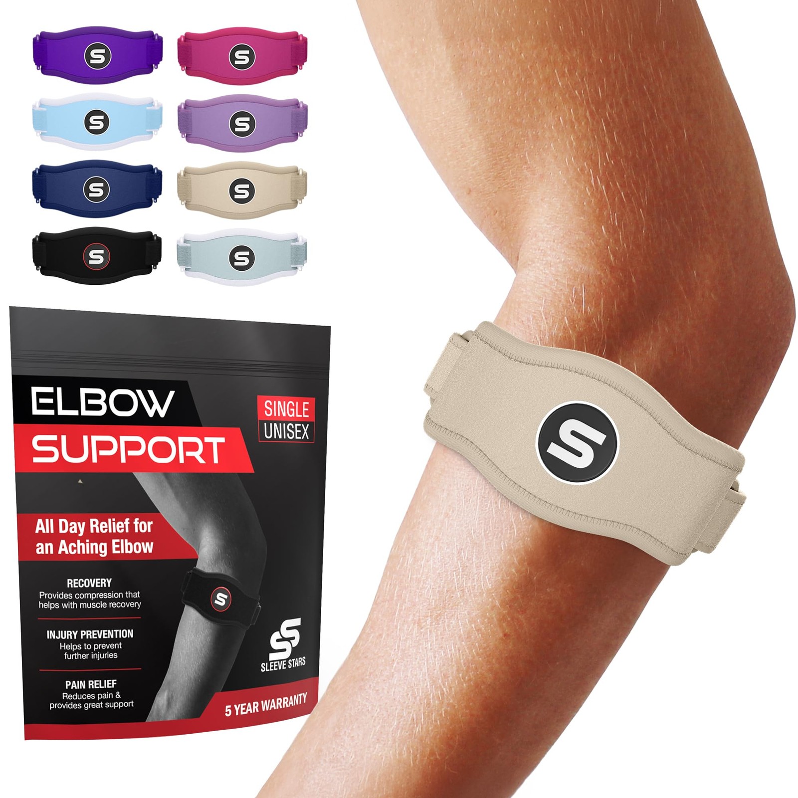 Sleeve Stars Tennis Elbow Brace for Men & Women, One Size, Beige
