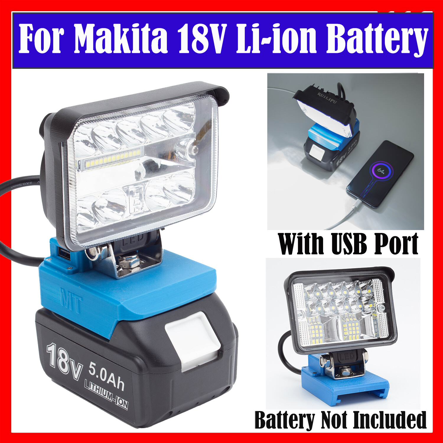 28W Outdoor LED Work Light For Makita 18V Li-ion Battery w/USB Fast Charge