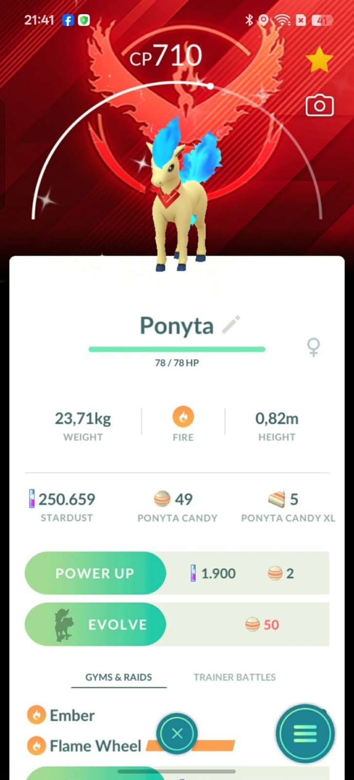 Shiny Ponyta wearing a Candela themed accessory Team Valor - Tr'ade 20k or P.T.C