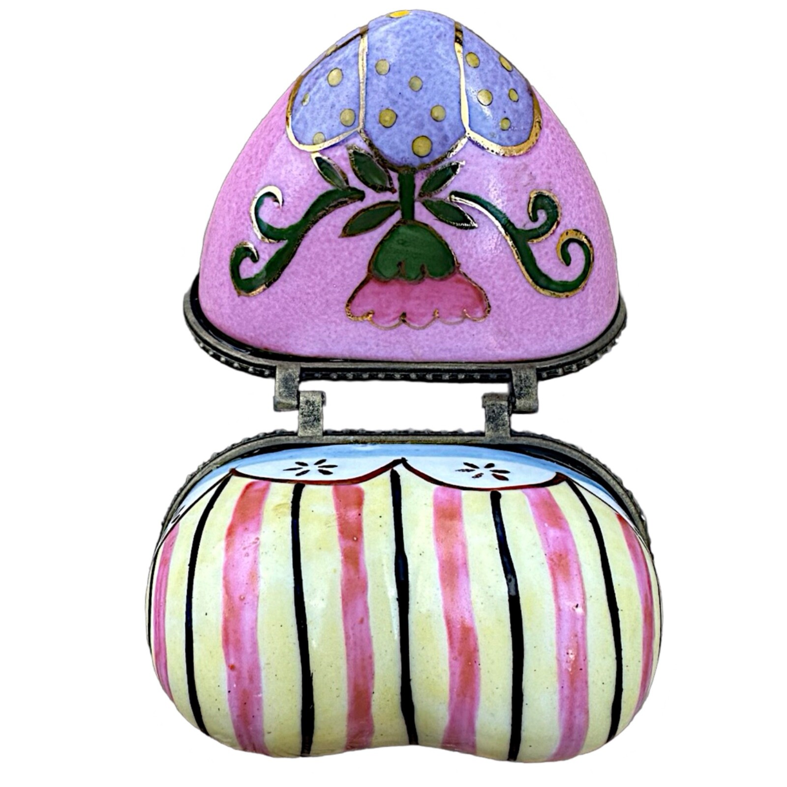 Multicolor ceramic heart-shaped hinged trinket box 3”x 2.5”