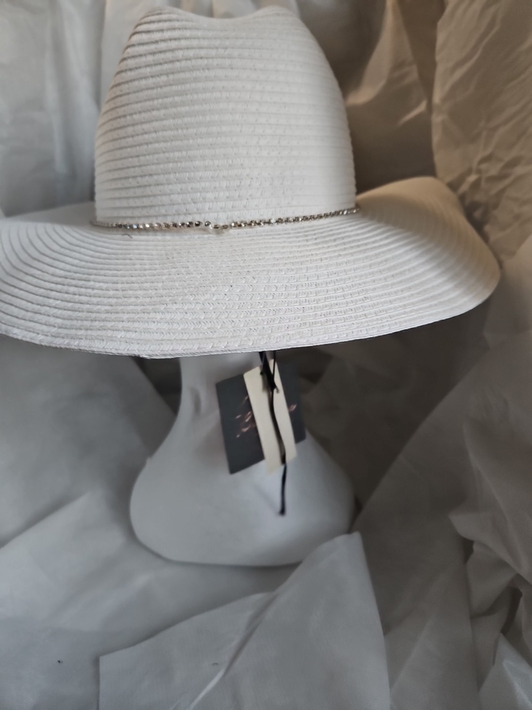 Bellissima Fine Millinery White Floppy Summer Sun Hat with Rhinestone Jewels NWT