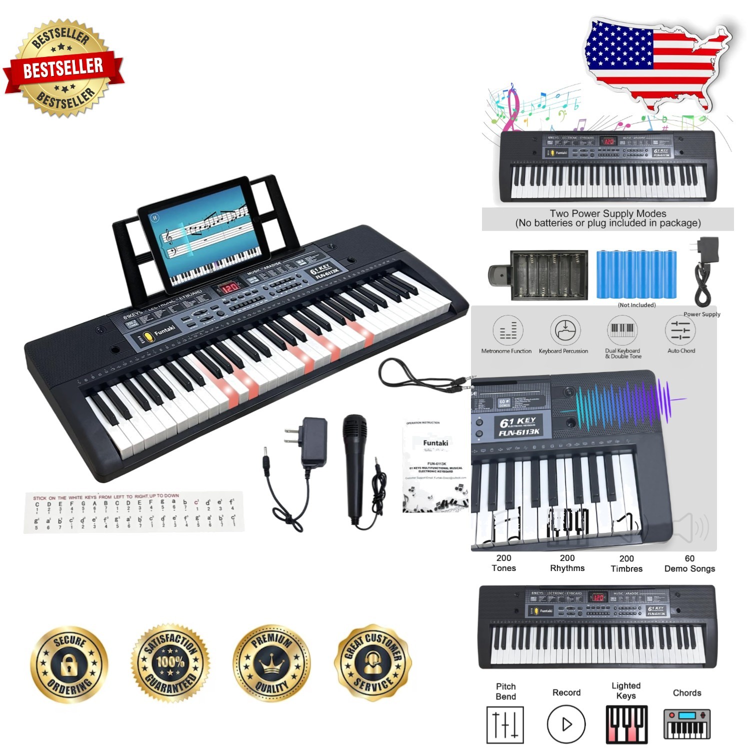 Learn Piano 61 Key Keyboard - Light Up Keys, Portable, 2 Teaching Modes, Black