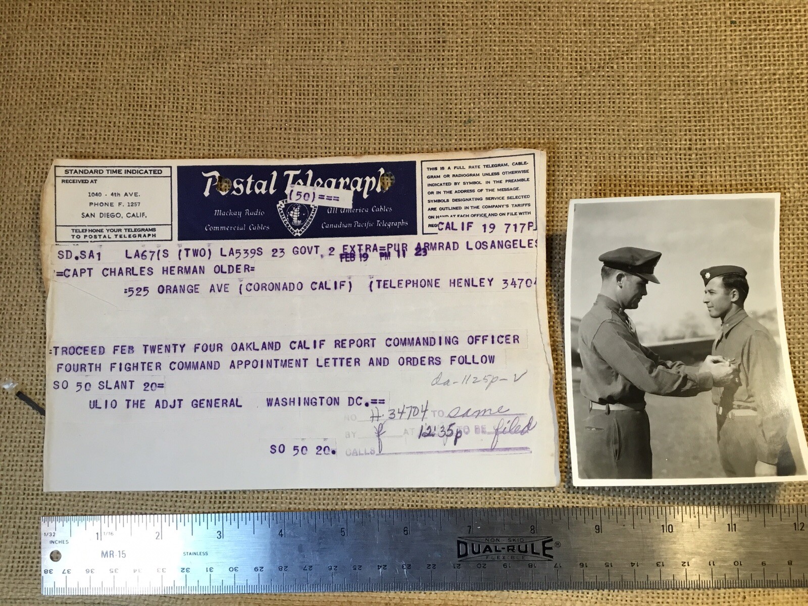 ORIGINAL WWII TELEGRAM TO FLYING TIGERS ACE PLUS ORIG PHOTO