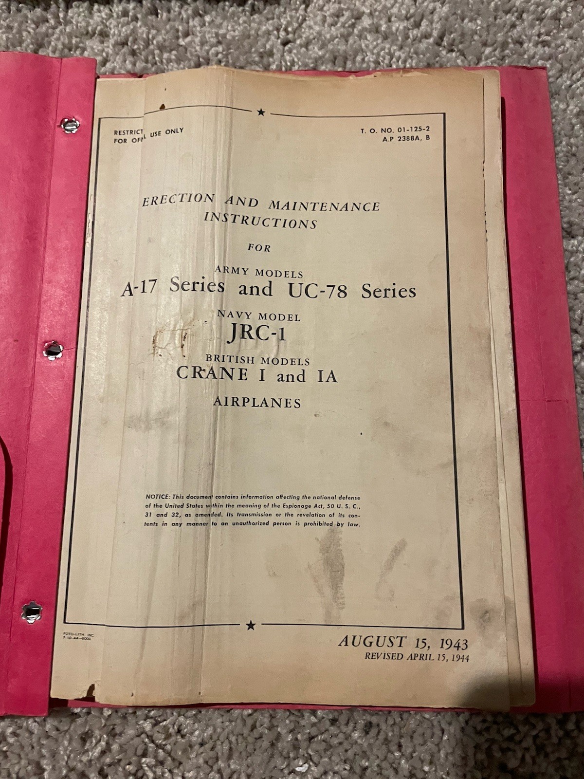 1944 Cessna AT-17 & UC-78 Crane 1 & 1A Navy JRC-1 WW2 Book T.O. NO 01-125-2