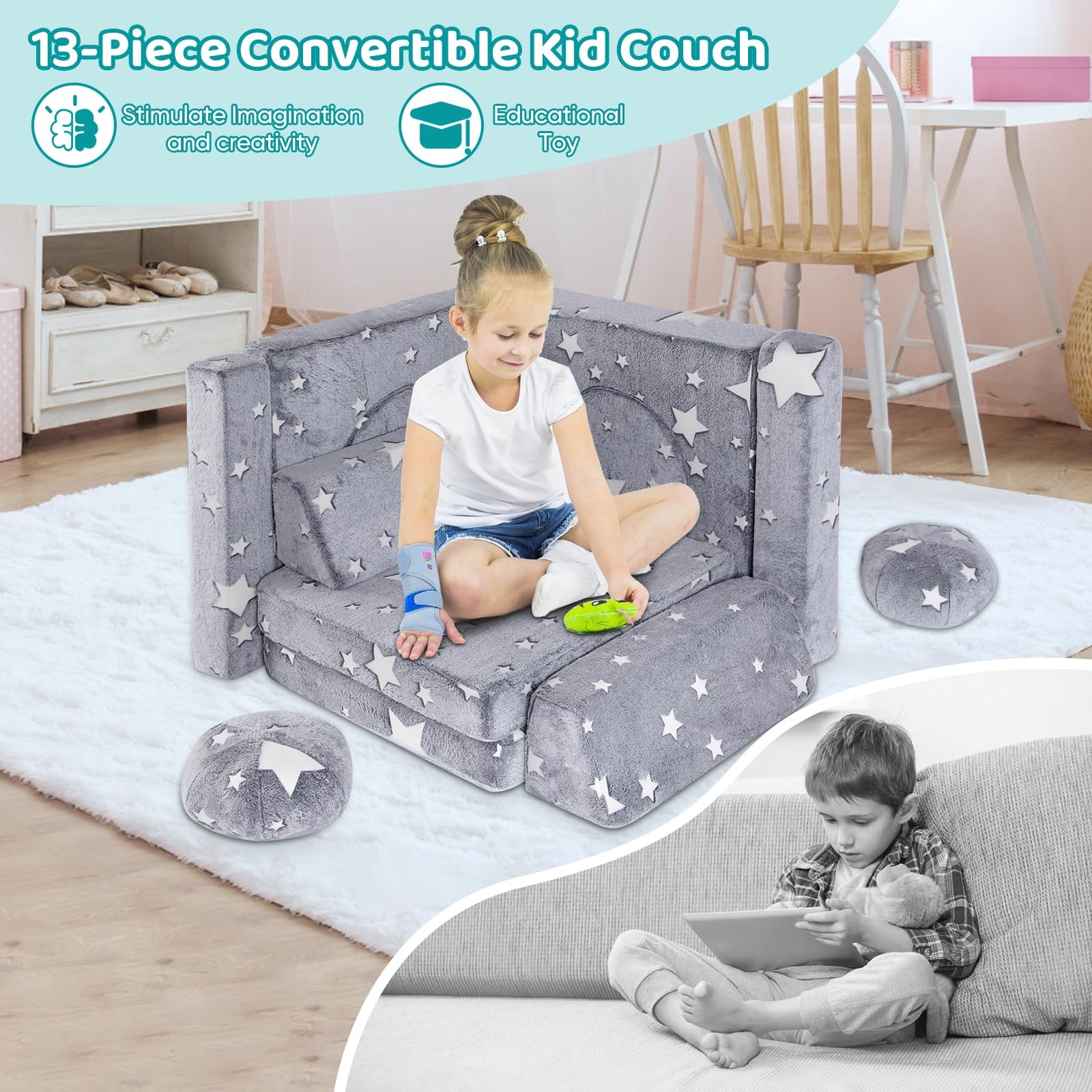 13 PCS Play Couch, Modular Glowing Couches, Kid Play Couch Sofa for Playroom ...