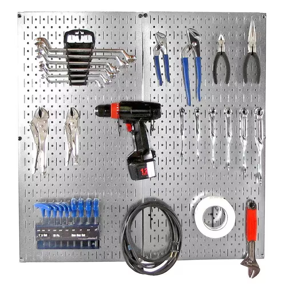 32 In. X 32 In. Shiny Metallic Galvanized Steel Pegboard Starter Kit with Black
