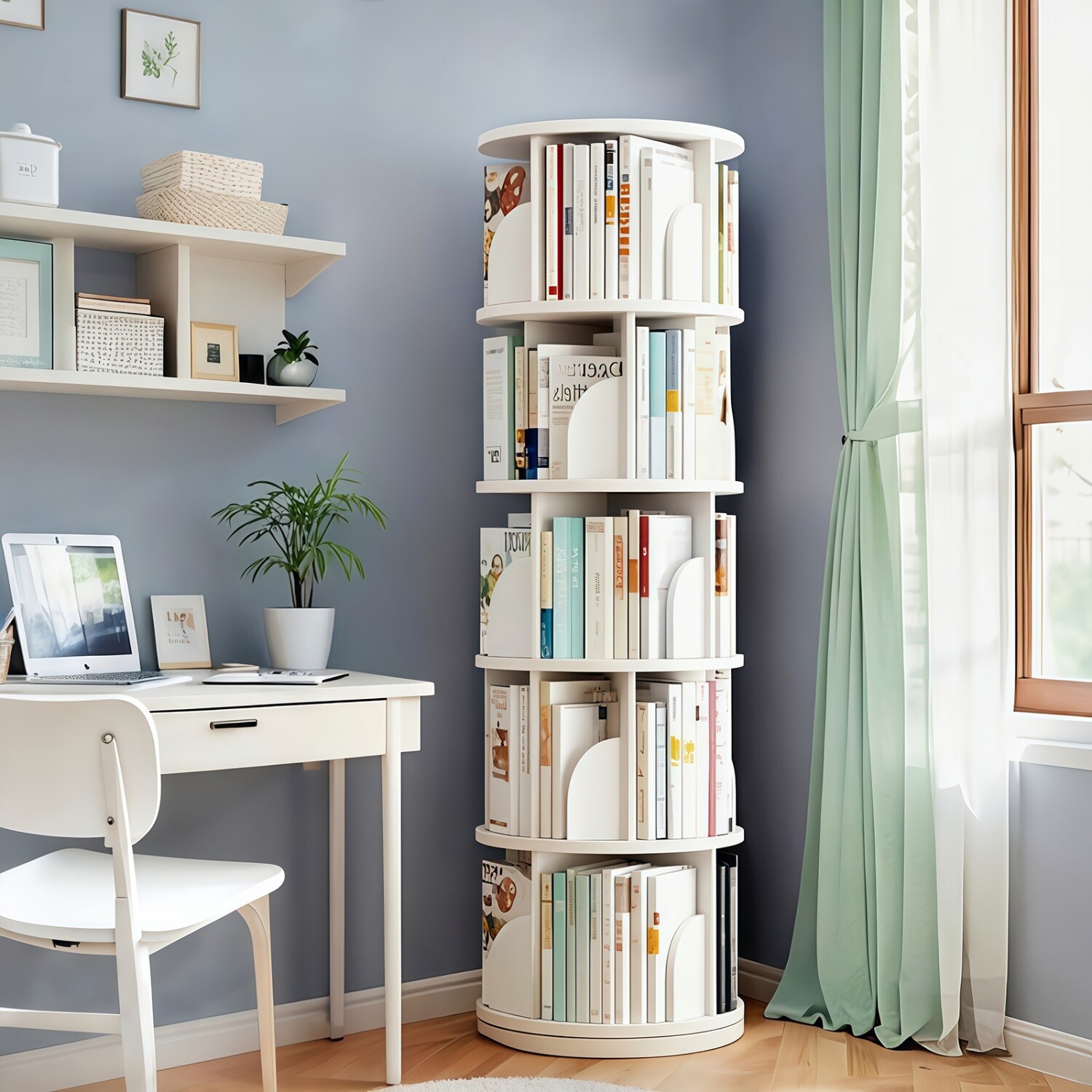5 Tier 360° Rotating Bookshelf Freestanding Bookcase Storage Display Rack White