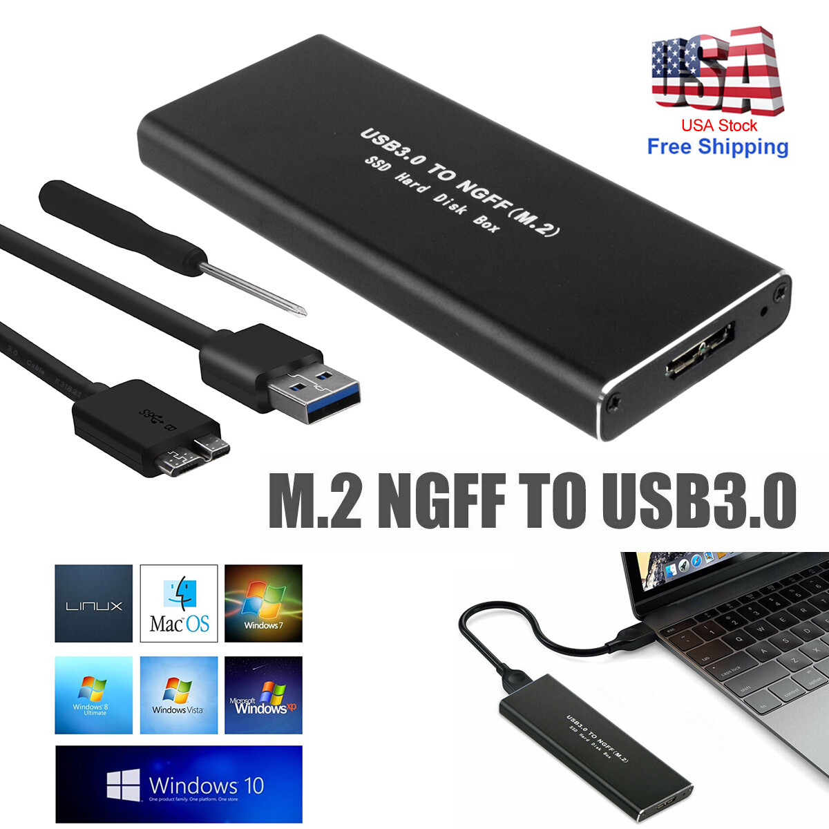 Aluminum M.2 SSD Enclosure USB 3.0 5Gbps Support B Key 2230/2242/2260/2280 SSD