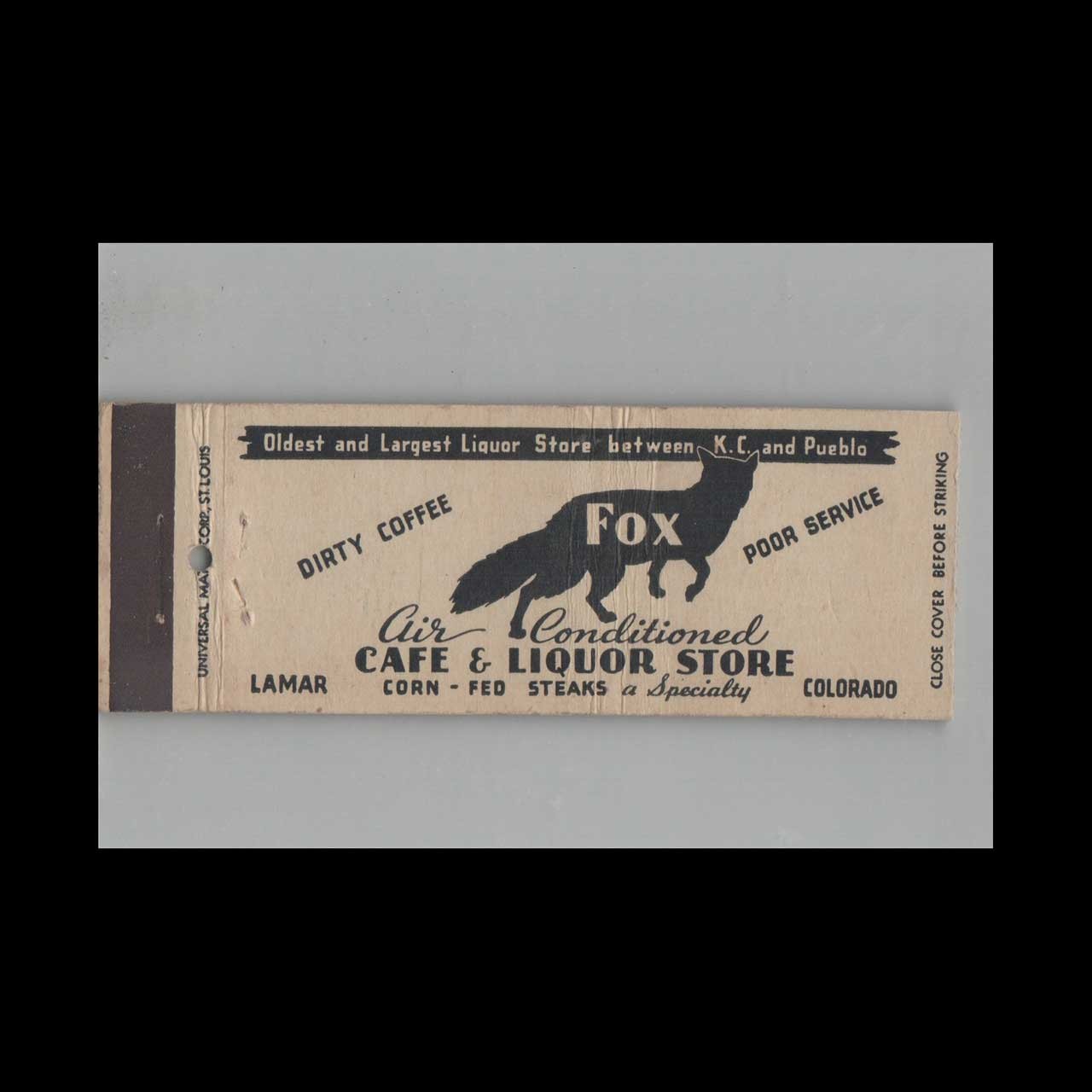 Full Length Matchbook Cover Fox Cafe & Liquor Store Lamar CO