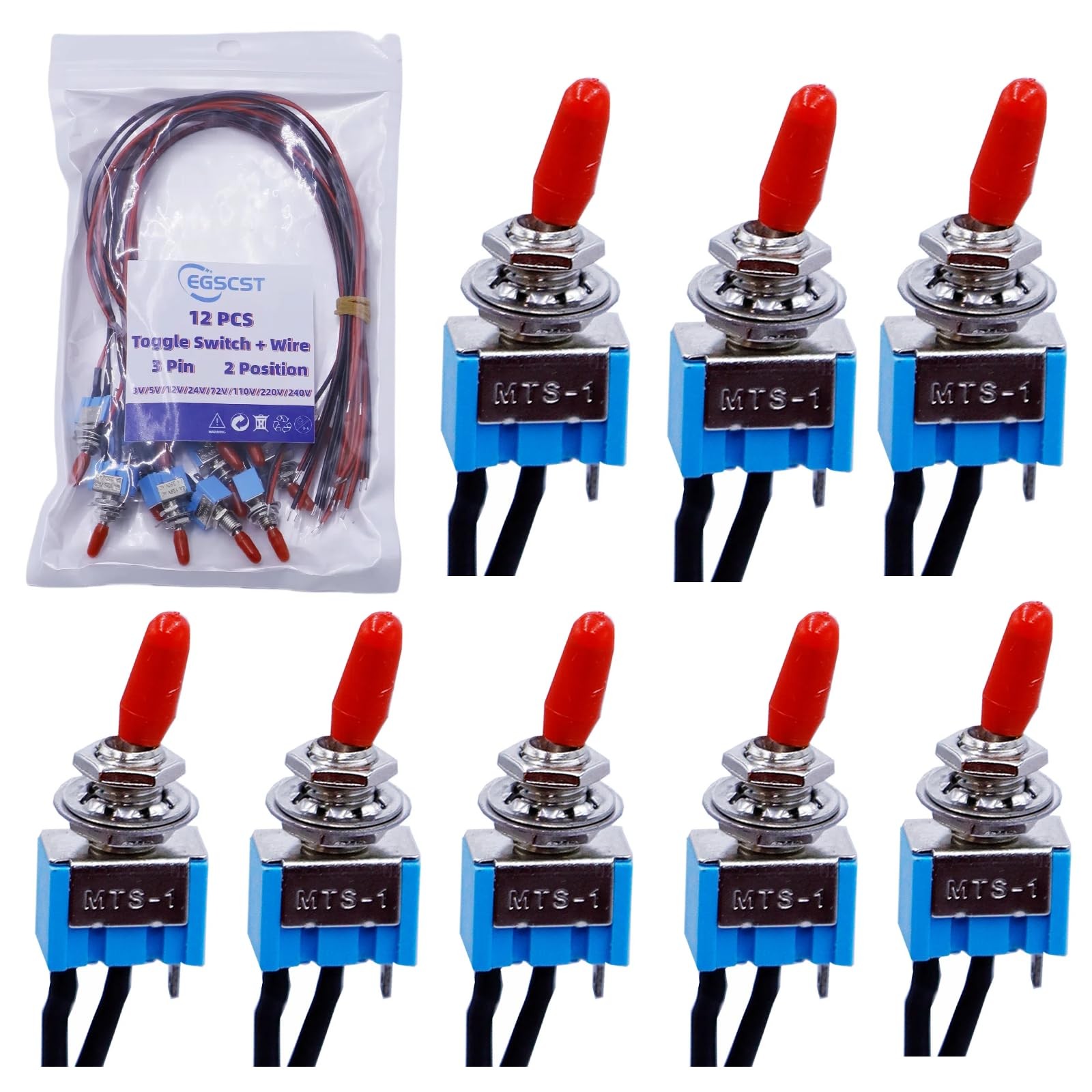 12PCS Mini SPST Toggle Switch w/ Pre-Soldered Wires 3-Pin ON/Off
