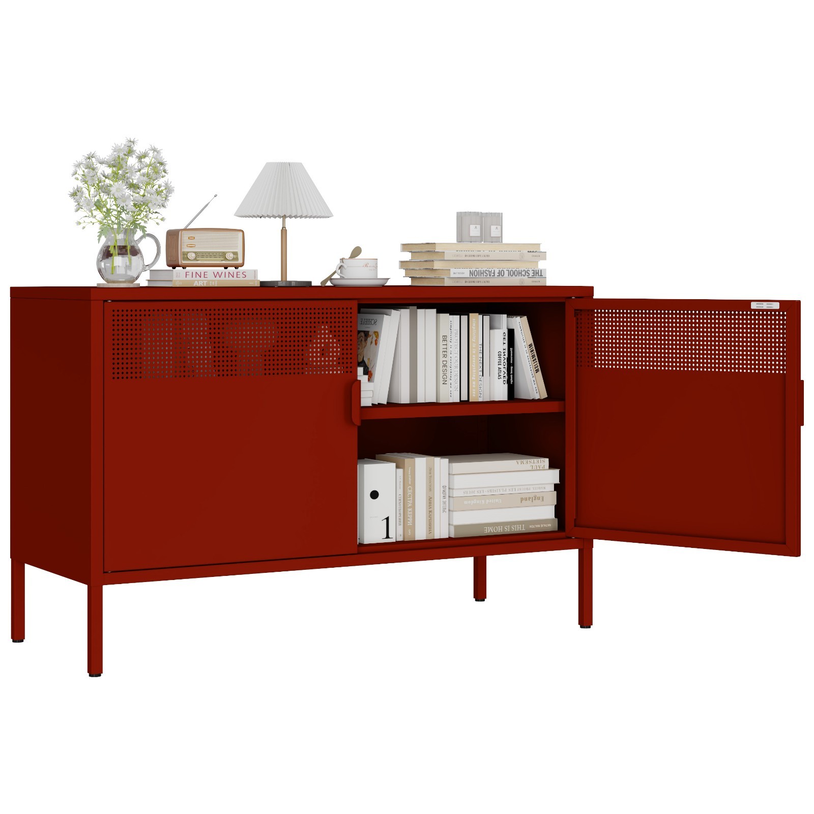Red Metal Storage Cabinet,2 Door TV Stand, Metal Mesh Accent Cabinet