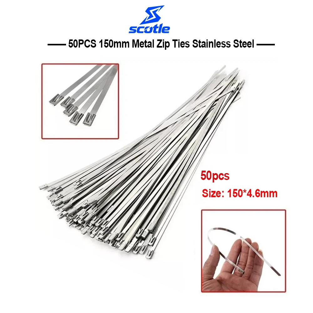 50Pcs Metal 150mm Zip Cable Ties Stainless Steel Heavy Duty Self-Locking Ties