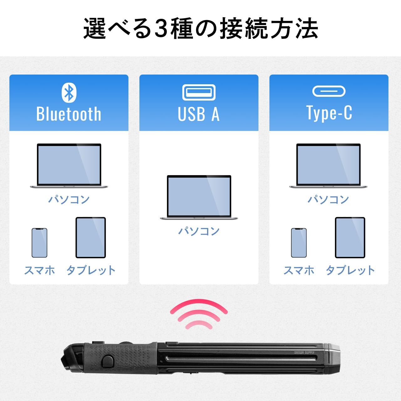 Pen-shaped mouse Bluetooth/USB-A/USB-C wireless connection rechargeable with sto