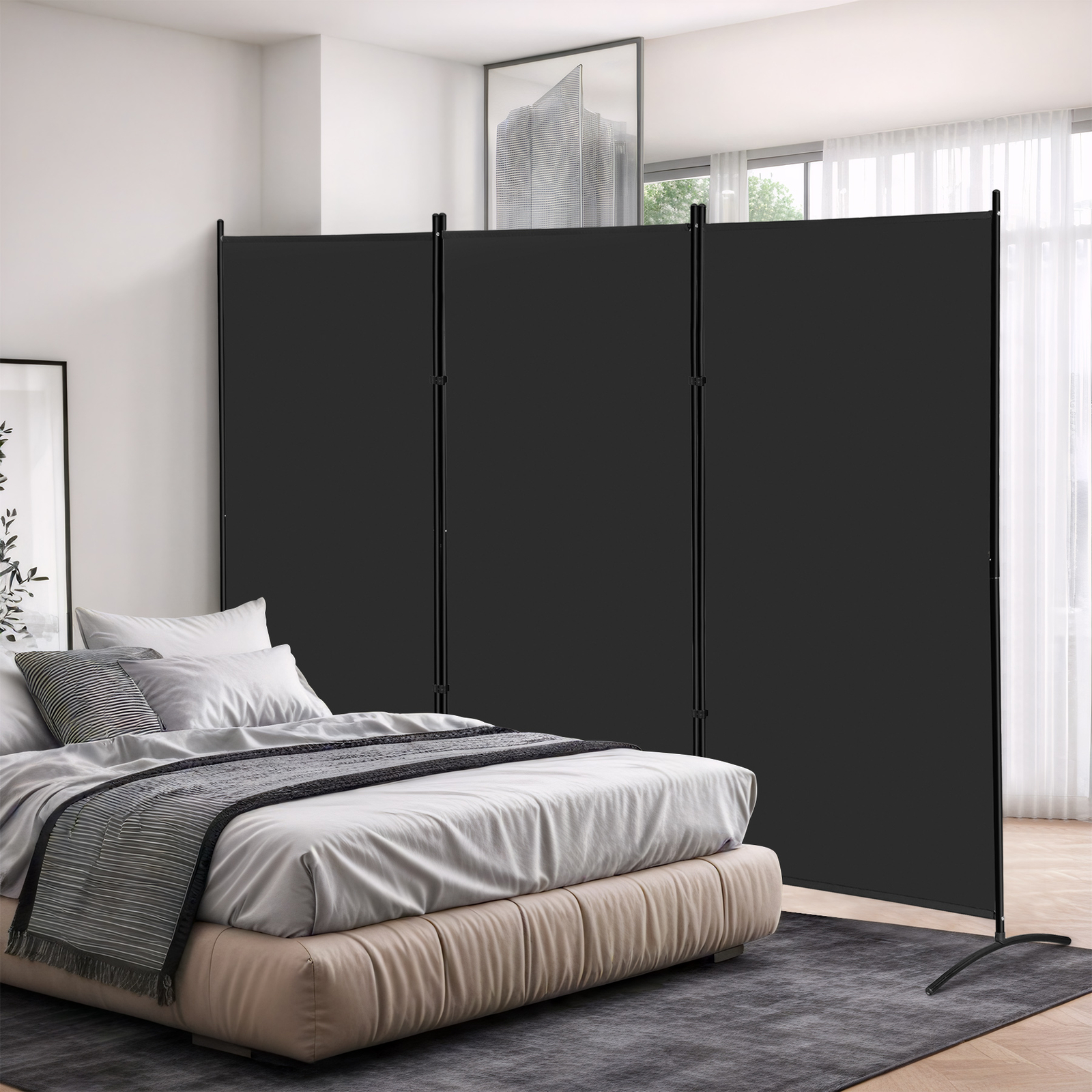 3 Panel Room Divider Black Folding Privacy Panel Screens for Office Separation