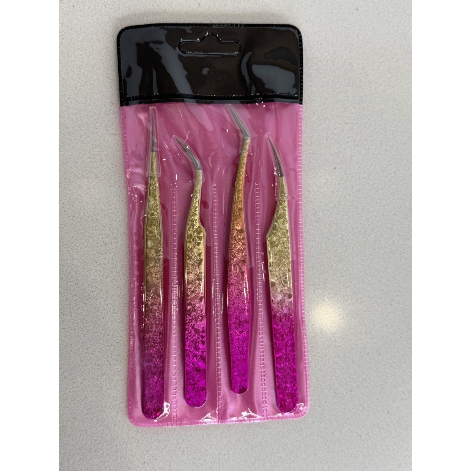 4pc Eyelash Extension Tweezer Set Professional Precision Pink Gold Ombre Tools