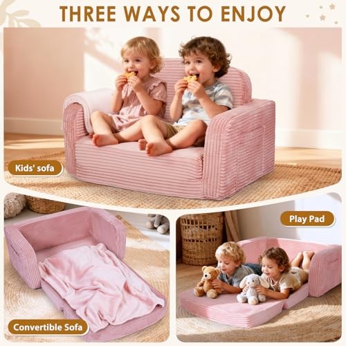 Foryoomi Extra Wide 2 in 1 Convertible Toddler Kids Couch - Corduroy Large Pink