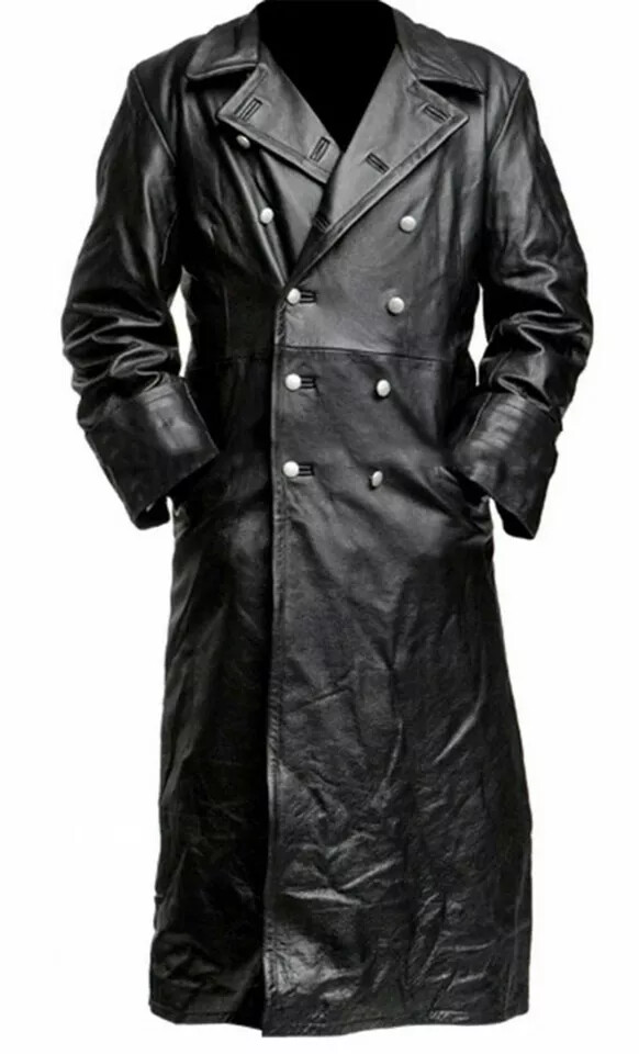 Men's German Classic WW2 Military Officer Uniform Black Leather Trench Coat