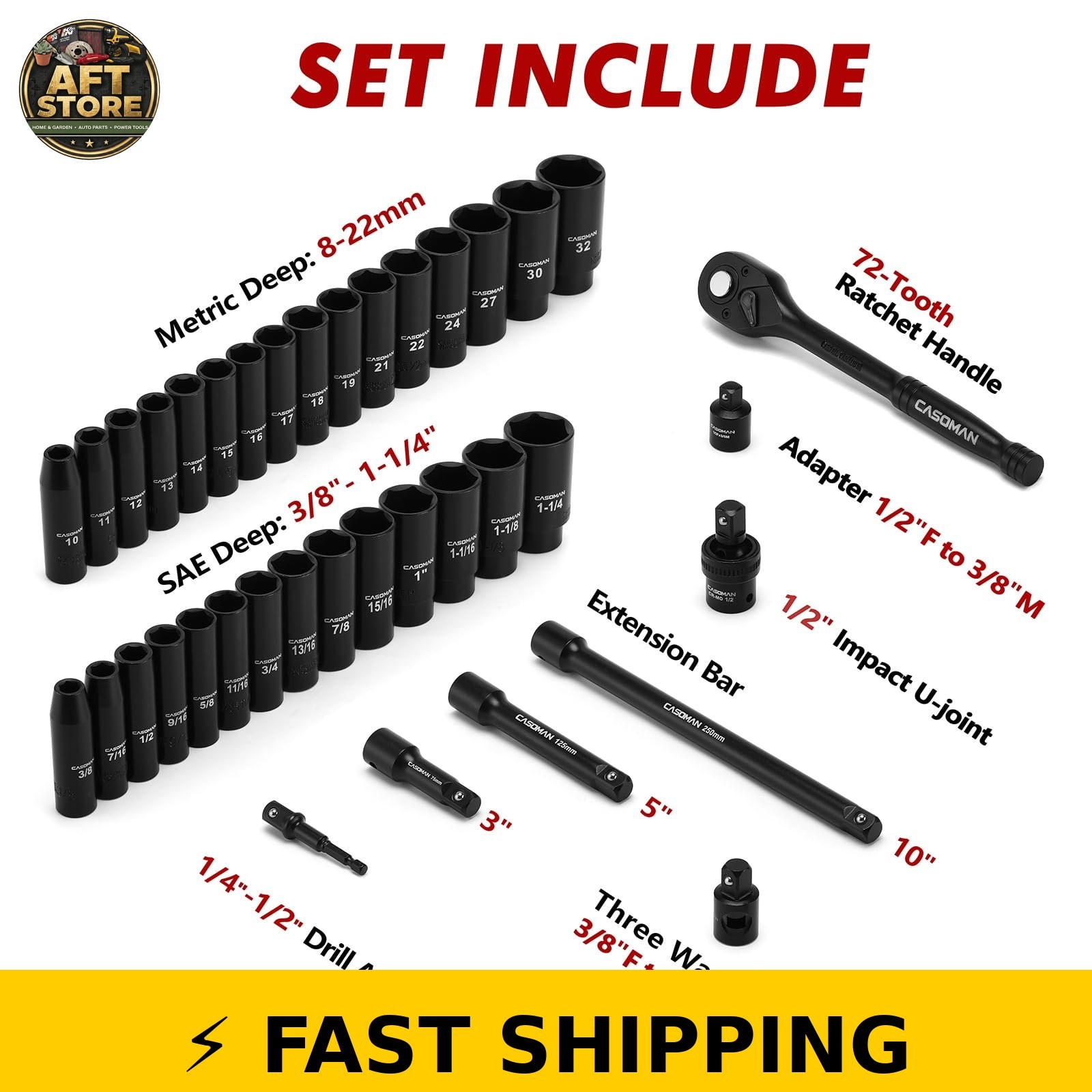 CASOMAN 38-Piece 1/2" Drive Impact Socket Set, SAE & Metric