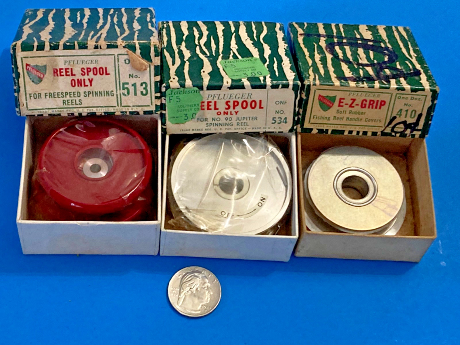 NOS VINTAGE LOT 3 FISHING REEL SPOOLS NEW PFLUEGER 513 534 (?) MIXED USA MADE