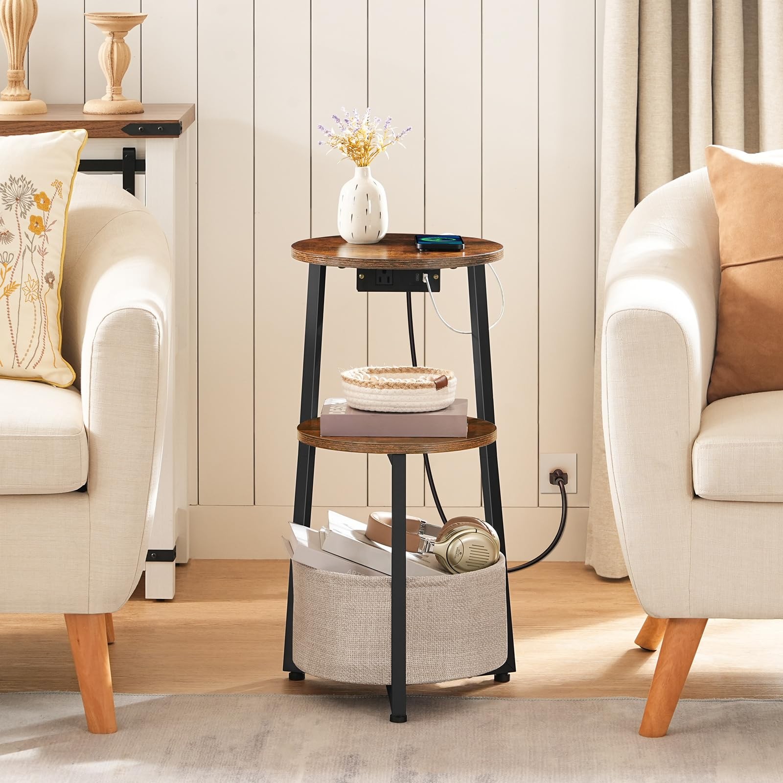 Small Round Side Table with Charging Station, Round End Table with Cotton Lin...