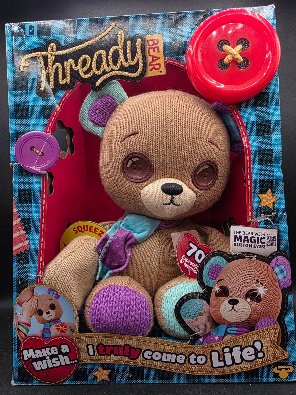 Thready Bear Interactive Plush Toy 70+ Expressions Reactions Button Eyes Lights