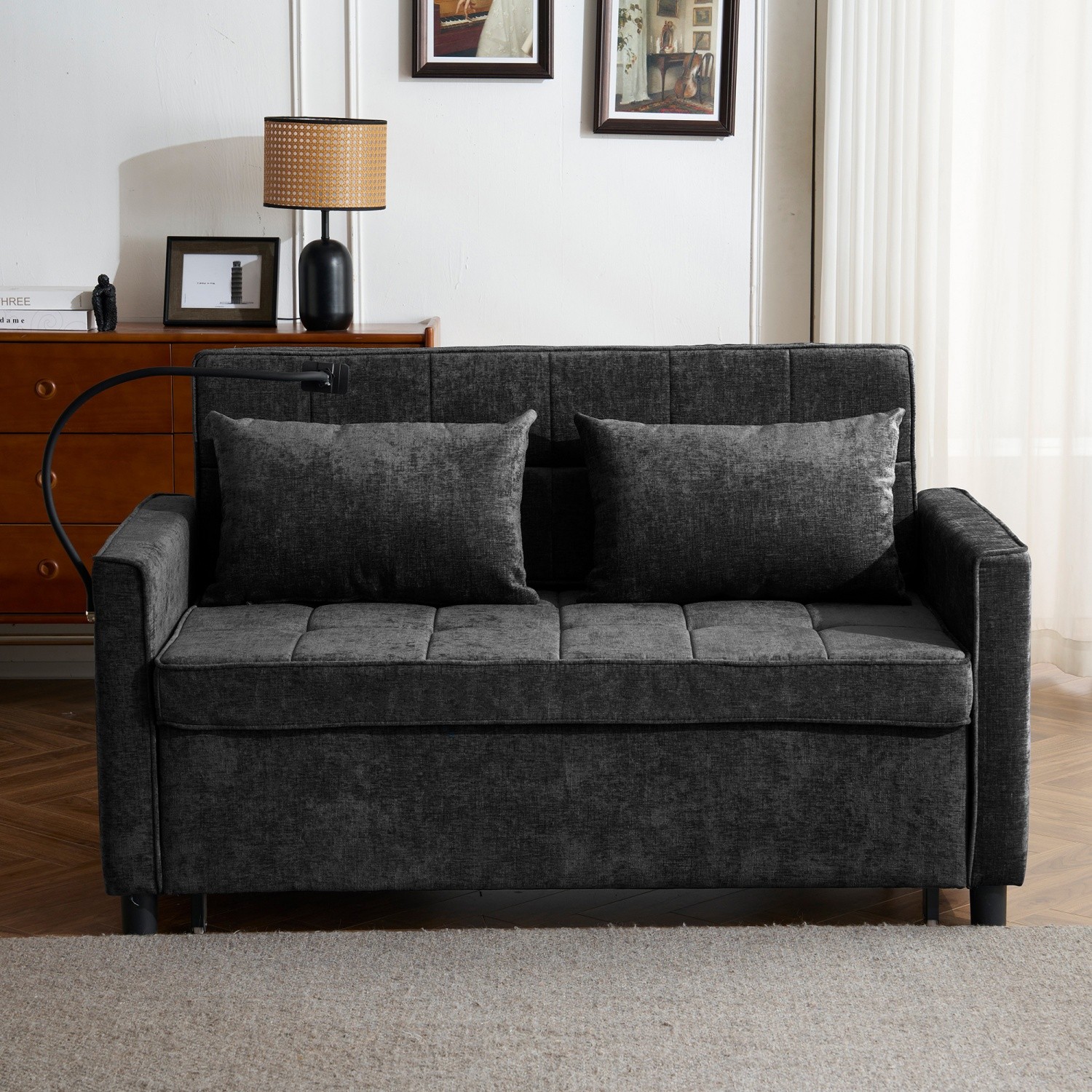 56.9'' Convertible Sleeper Sofa Bed Loveseat Sofa w/ Pull Out Bed & USB Ports