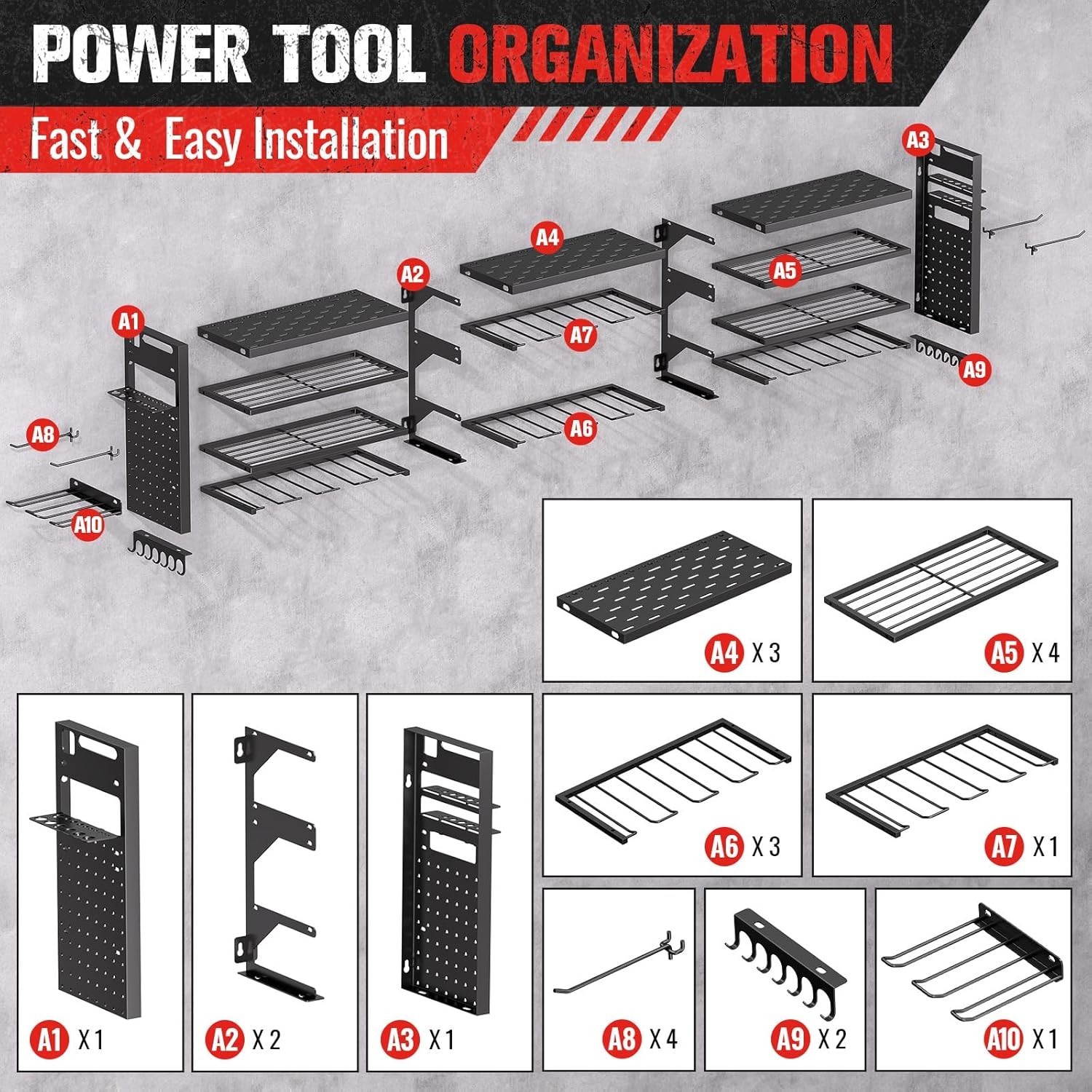 49.8" Power Tool Organizer Wall Mount 4-Layer Heavy Duty Tool Rack