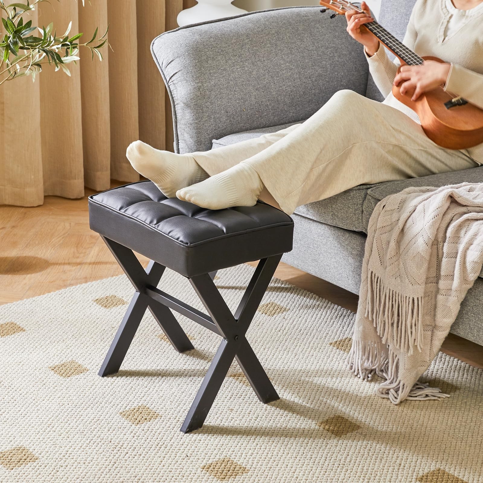 Square Makeup Stool with X-Leg Foot Rest, PU Footrest Stool, Ottoman Seat Van...