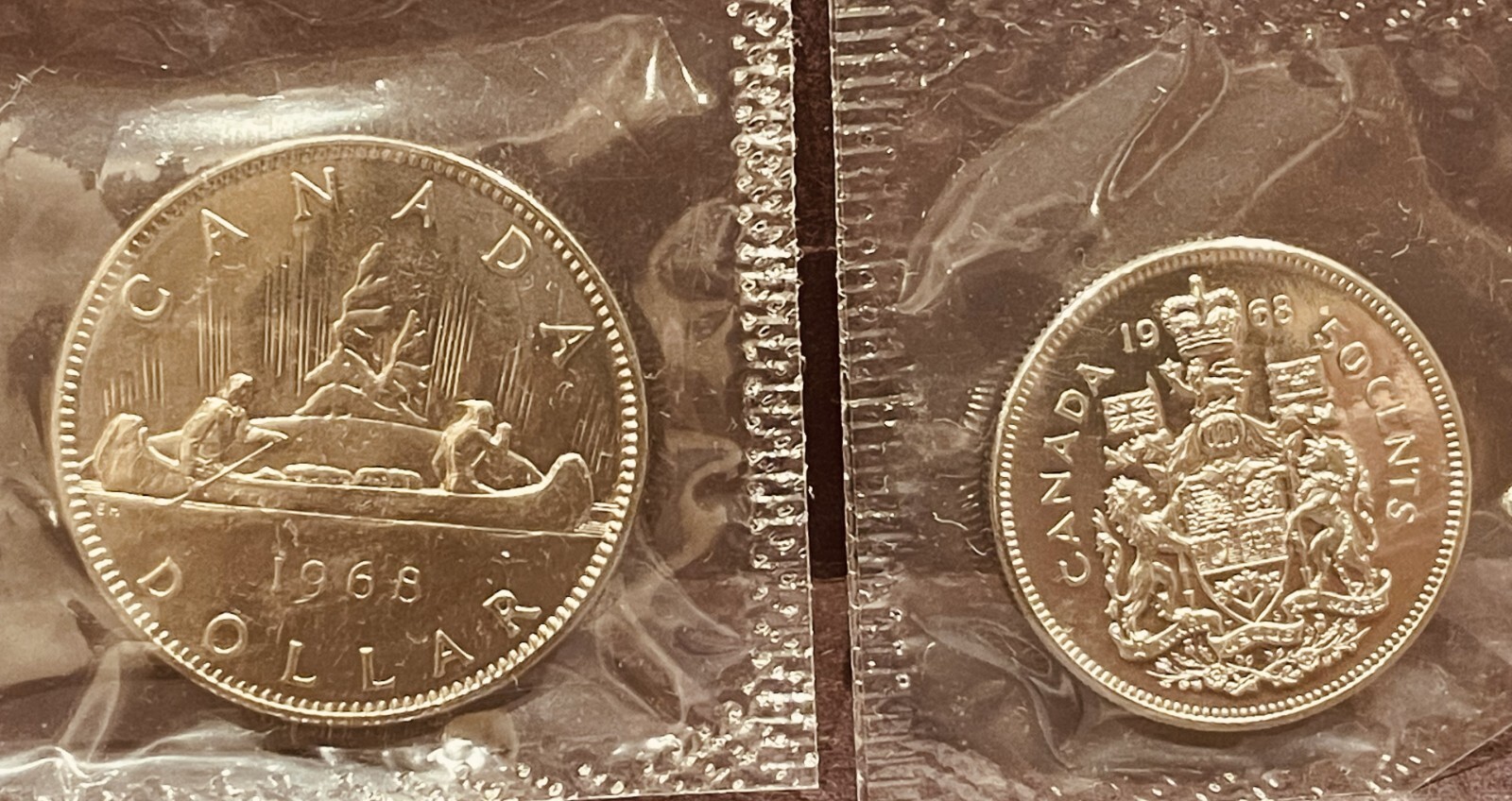 Lot of 2 -1968 Canadian $1.00 Dollar and 50 Cents Proof Like Nickel Sealed UNC.