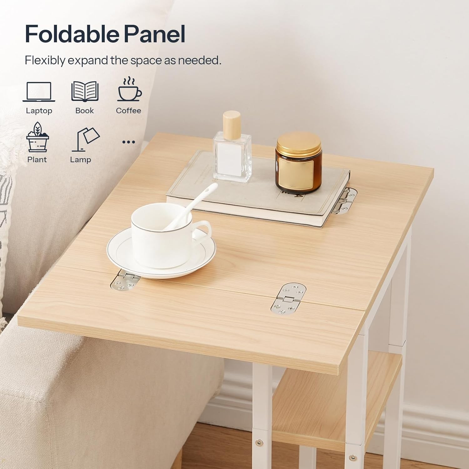 Foldable End Table C Shaped Side Table W/ Storage Shelf Small Snack Table