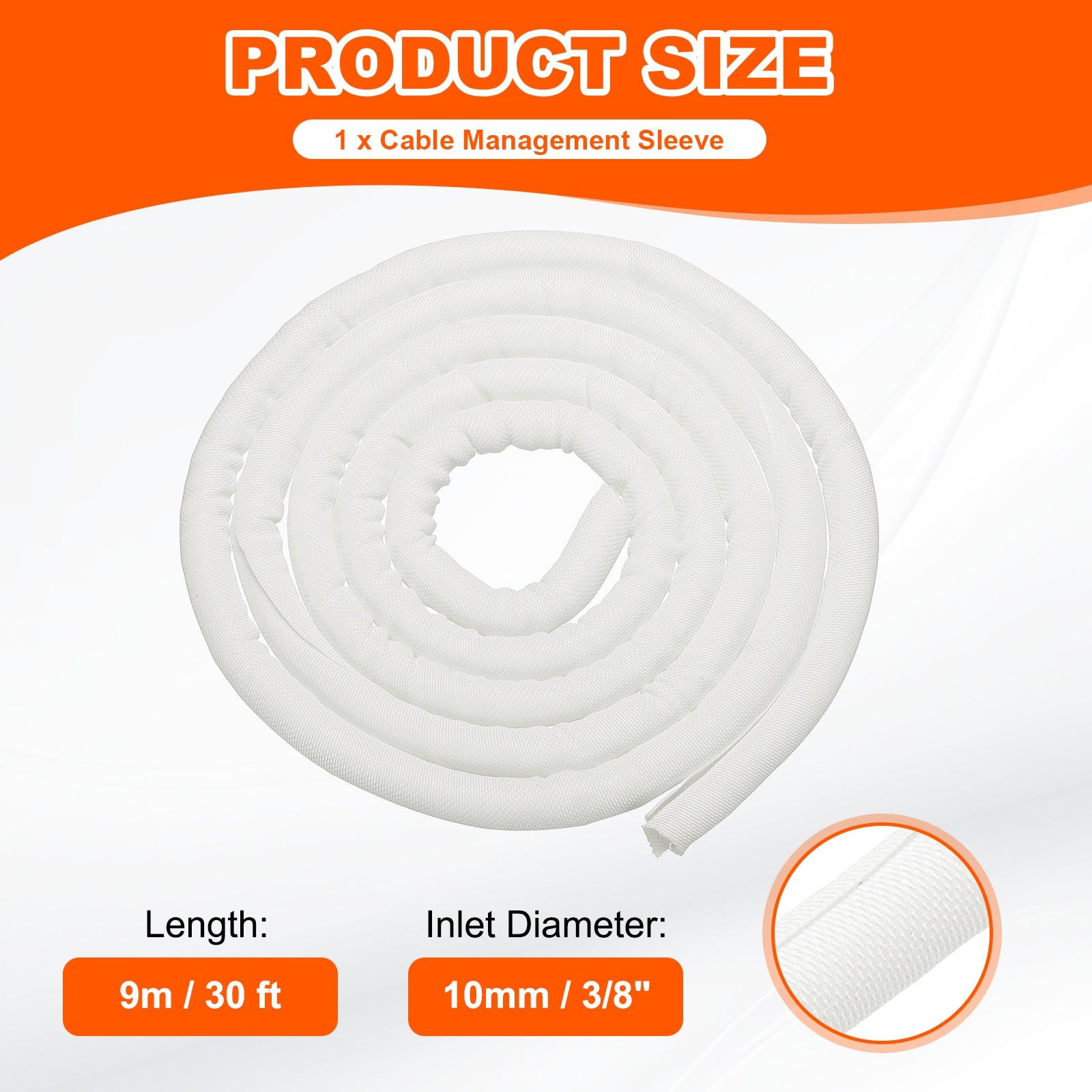 Wire Split Braided Cable Management Sleeve, White (3/8" - 30 Feet)