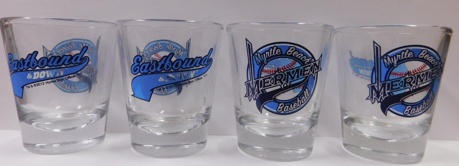 MYRTLE BEACH MERMEN BASEBALL -EASTBOUND AND DOWN SHOT GLASSES-SET OF 4