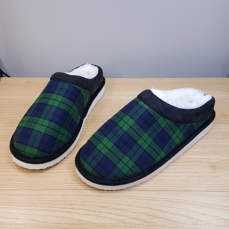 CLUB ROOM Slippers Mens Size 6 7 Blue Green Blackwatch Plaid Faux Fur Lined