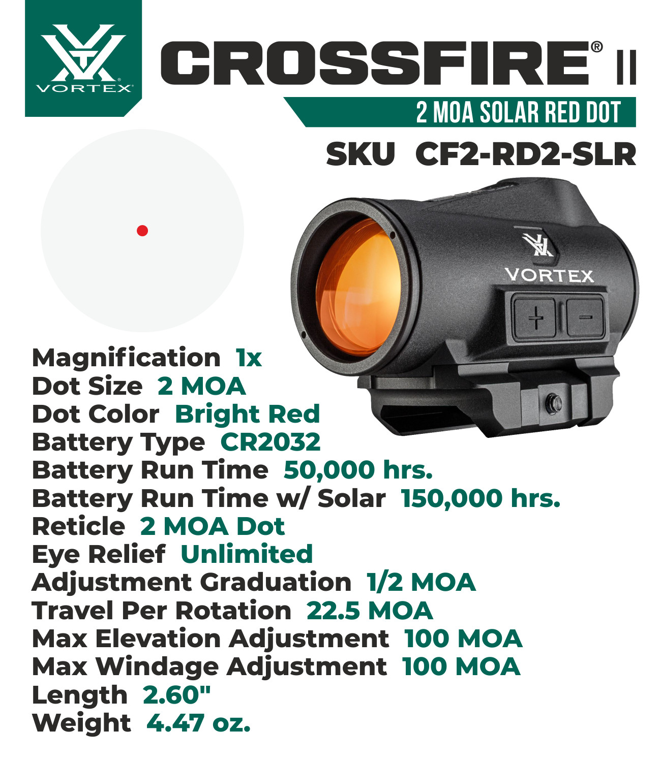Vortex Optics Crossfire II 2 MOA Solar Red Dot Black CF2-RD2-SLR with Camo Cap