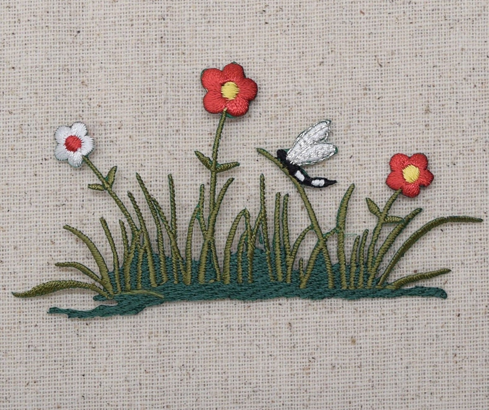 Grass with Red/White Flowers/Dragonfly - Iron on Applique/Embroidered Patch